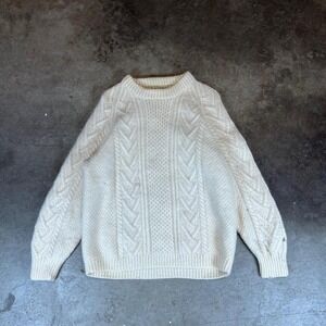Carbery Hand Knit 100% Pure New Wool Aran Sweater Cream Mock Neck Cable Knit